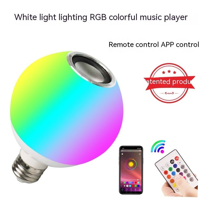 Colorful LED light bulb with remote control and app interface on a white background