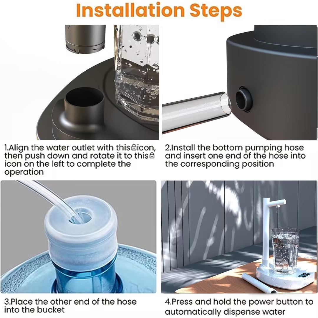 Installation steps for a water dispenser system with text and images.