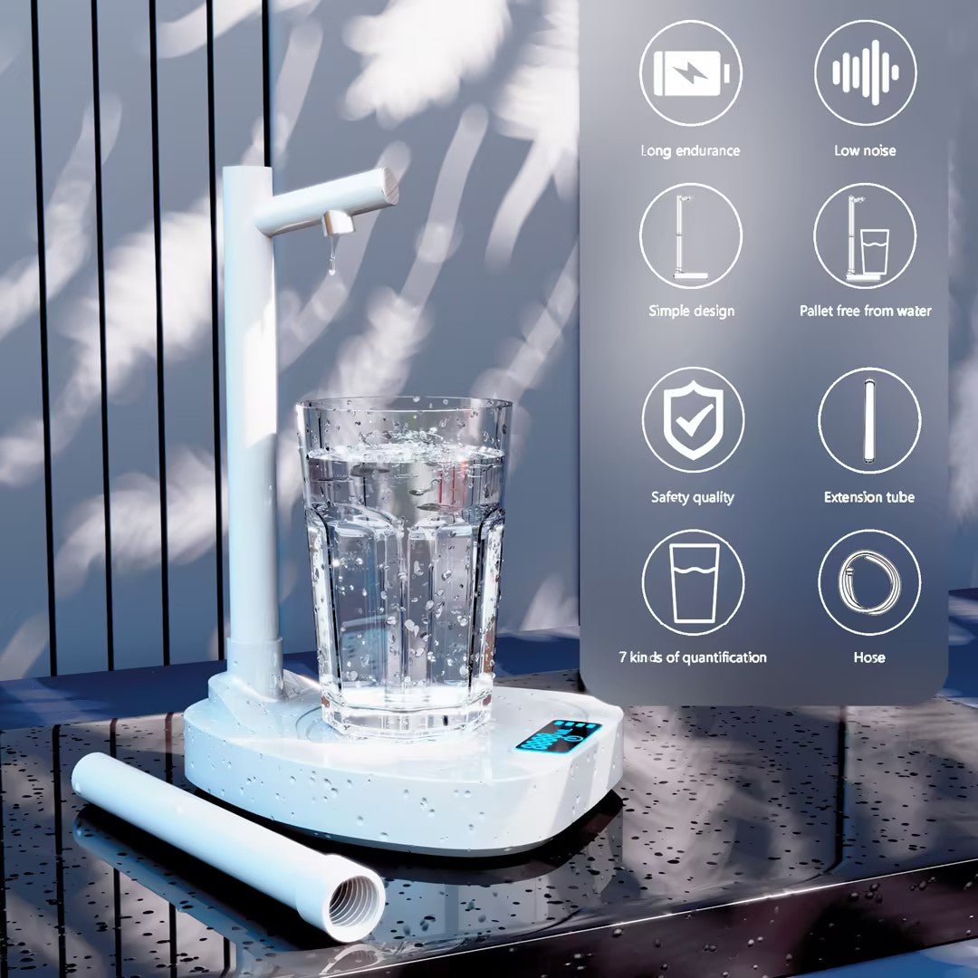 Water filtration system with a glass of water on a reflective surface, with features listed on the right.