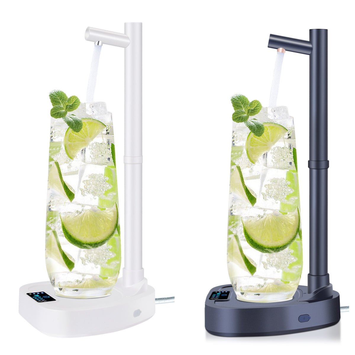 Two drink dispensers with glasses of lime and mint infused water on a white background