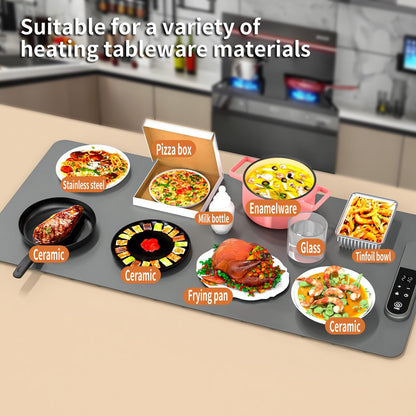 Heat-resistant mat with various food items and labels on a kitchen counter.
