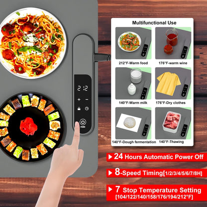 Multifunctional electronic device with temperature control panel, food warming, and cleaning functions on a wooden surface.