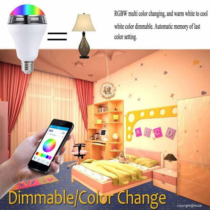Smartphone controlling LED light bulb with bedroom scene, RGBW color change and dimmable feature.