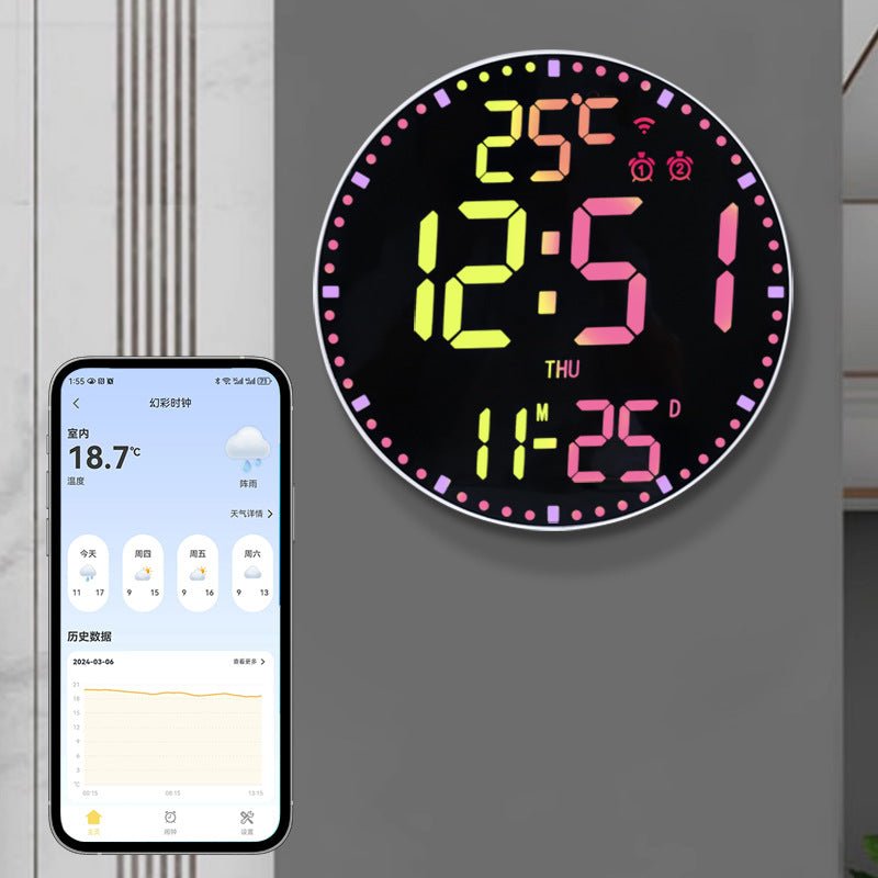 Digital clock displaying time and temperature with a smartphone app interface.