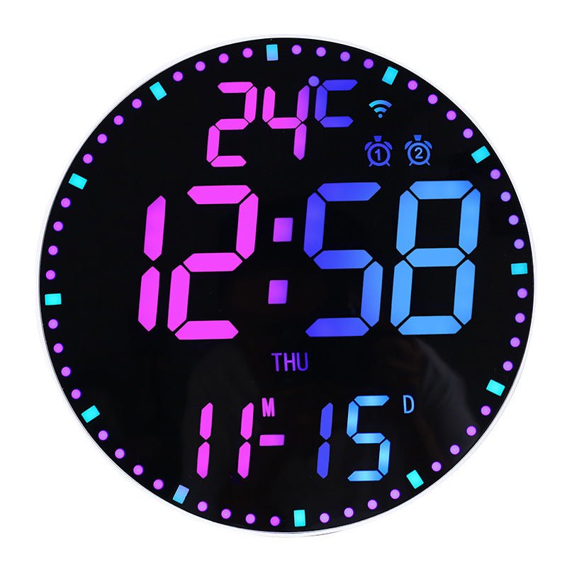Digital clock with colorful display on a black background