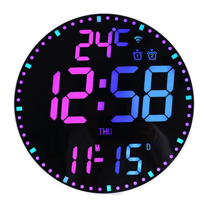Digital clock with colorful display on a black background