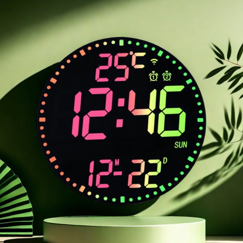 Digital clock with colorful display on a green background