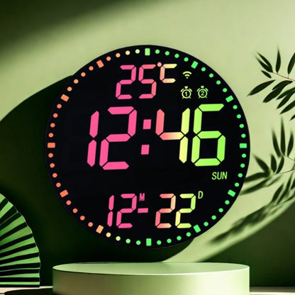 Digital clock with colorful display on a green background