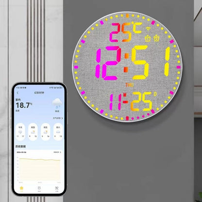 Digital clock with colorful display next to a smartphone showing app interface on a gray background