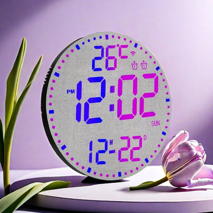 Digital clock with LED display on a purple background