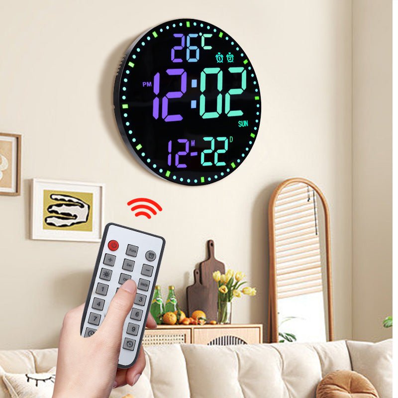 Digital wall clock with remote control in a living room setting
