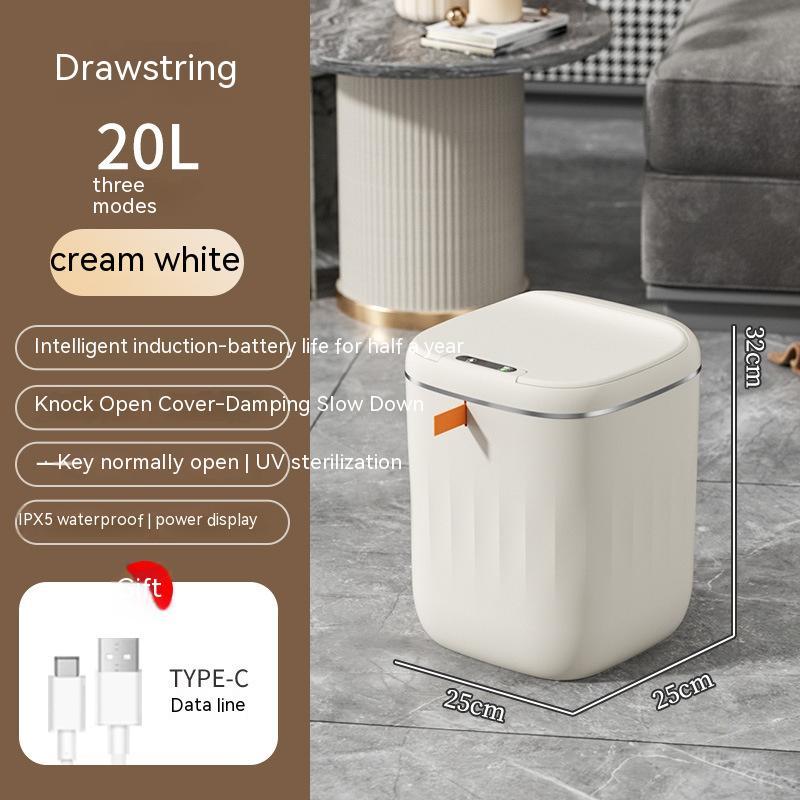 White trash bin with features listed on a brown background, placed on a gray floor.