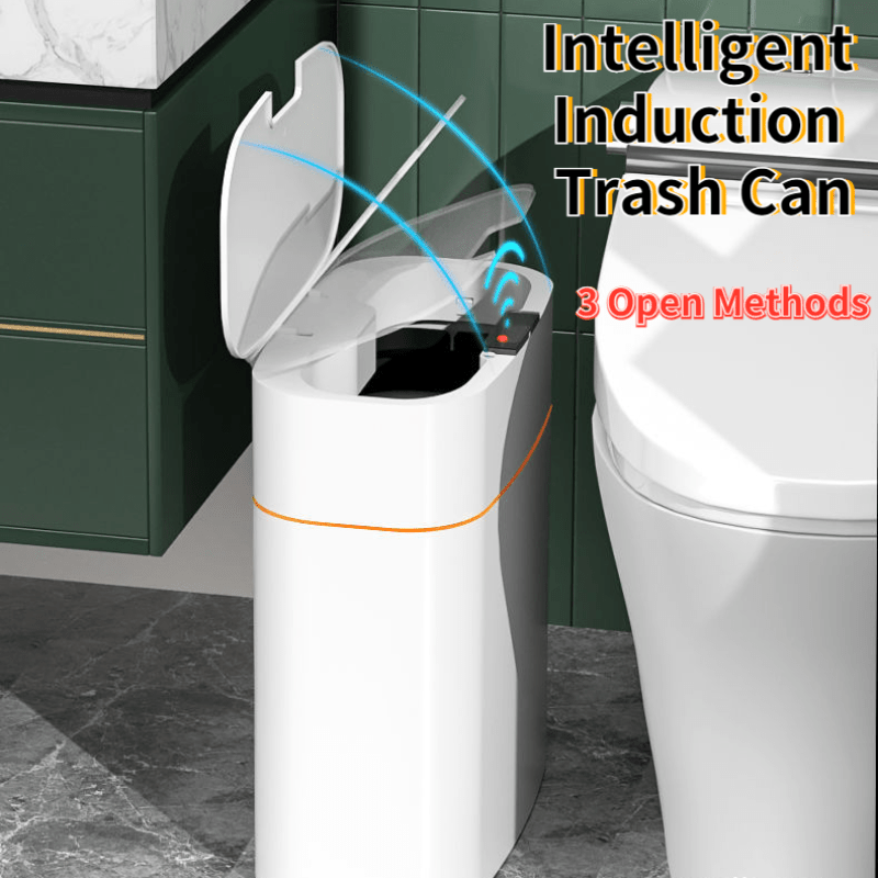 Intelligent induction trash can with text indicating multiple open methods on a kitchen counter.