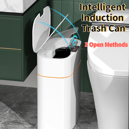 Intelligent induction trash can with text indicating multiple open methods on a kitchen counter.
