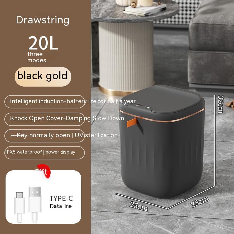 Black gold trash can with features listed on a brown background