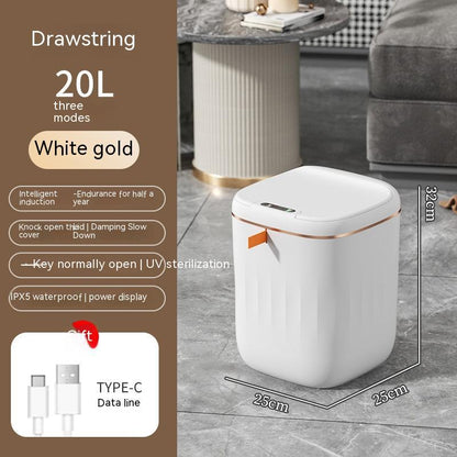 White trash bin with gold accents on a gray floor, accompanied by product details on a brown background.