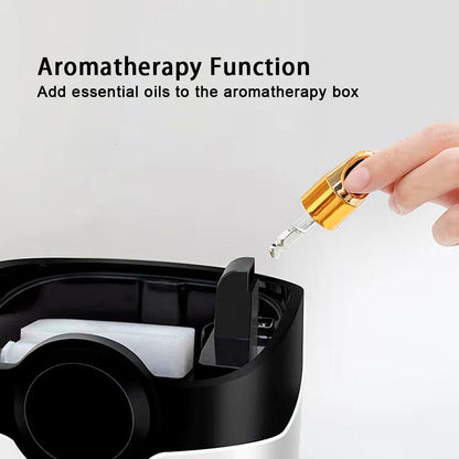 Person adding essential oils to an aromatherapy device with text indicating 'Aromatherapy Function'.