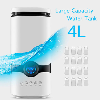 White humidifier with large capacity water tank labeled 4L on a light gray background