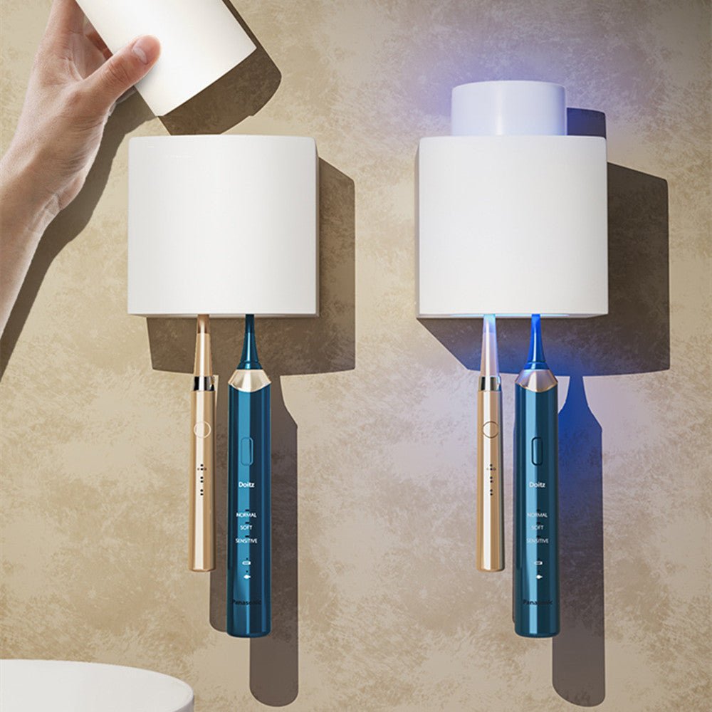 Two wall-mounted toothbrush holders with electronic toohtbrushes on a neutral background