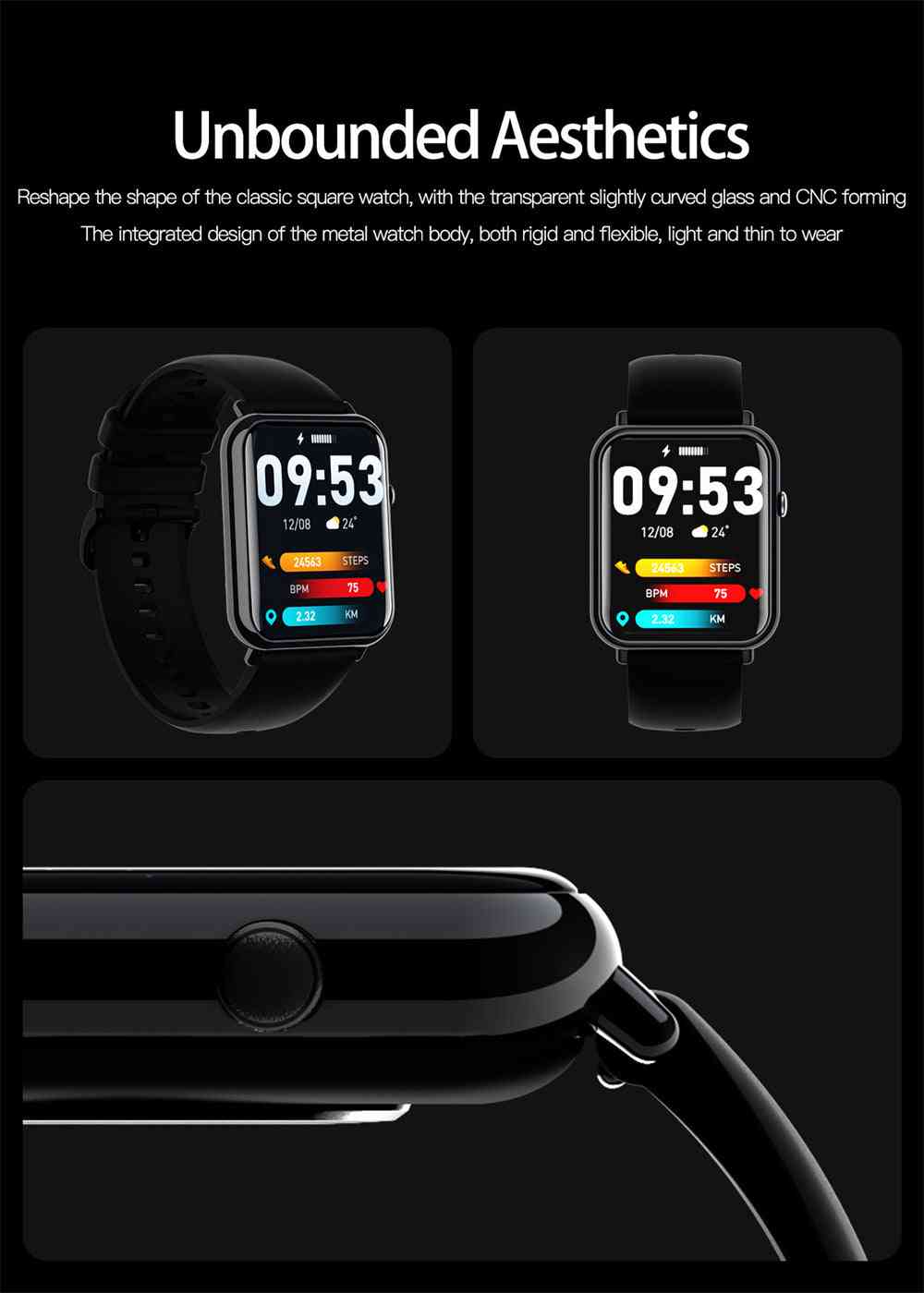 Smartwatch with digital display on a black background, featuring text about its design.