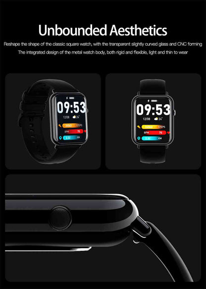 Smartwatch with digital display on a black background, featuring text about its design.