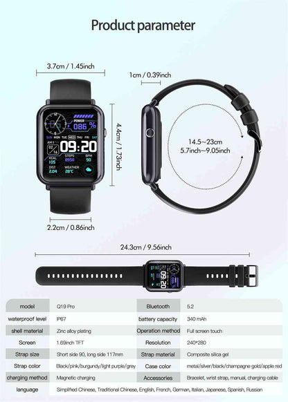 Smartwatch with dimensions and features displayed on a light blue background
