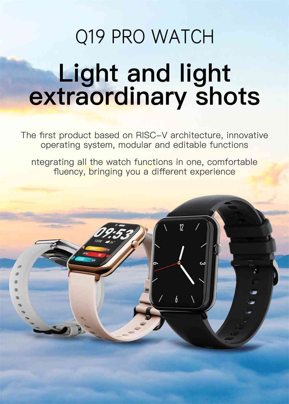 Two smartwatches with text about Q19 Pro Watch on a scenic background