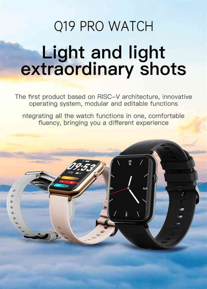 Two smartwatches with text about Q19 Pro Watch on a scenic background