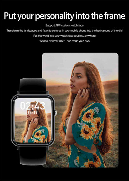Smartwatch displaying a woman's image on its screen with text about customizable watch faces.