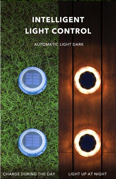 Solar lights on grass and wooden surface with text 'Intelligent Light Control' and 'Automatic Light Dark'.
