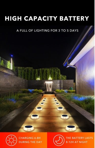 Glowing pathway lights in a garden setting with text about high capacity battery life.
