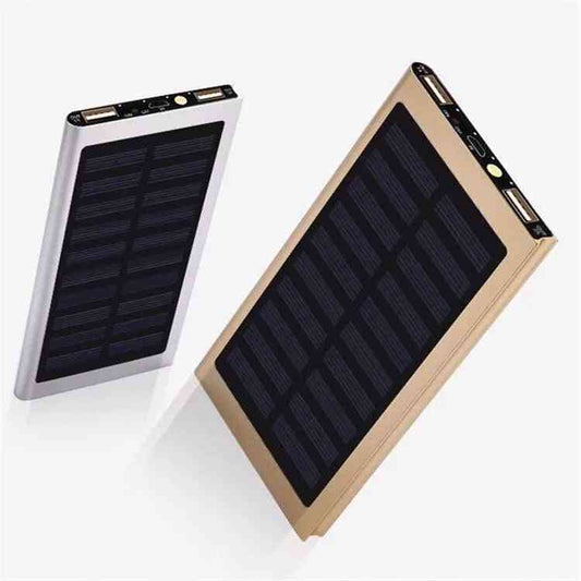 Two solar power banks, one gold and one silver, on a white background.