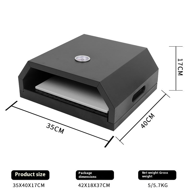 Black outdoor pizza oven with dimensions on a white background