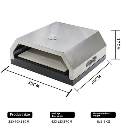 Stainless steel pizza oven with dimensions on a white background