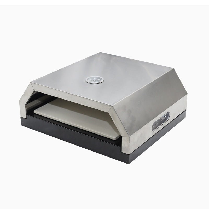 Stainless steel outdoor pizza oven on a white background