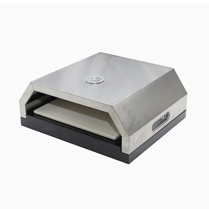 Stainless steel outdoor pizza oven on a white background