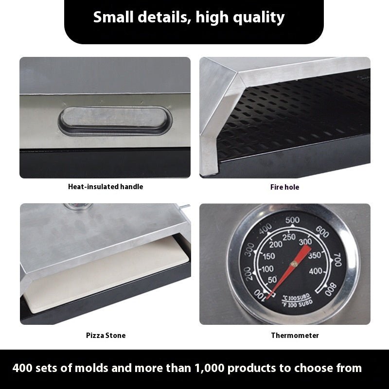 Product details including heat-insulated handle, fire hole, pizza stone, and thermometer with text about product variety.