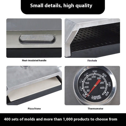 Product details including heat-insulated handle, fire hole, pizza stone, and thermometer with text about product variety.