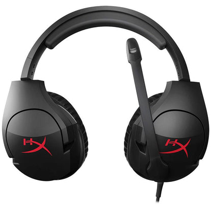 Black gaming headset with red logo on a white background