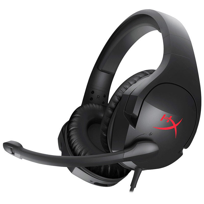 Black gaming headset with red logo on a white background