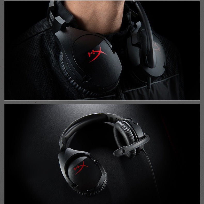 Black gaming headset with red logo on a dark background