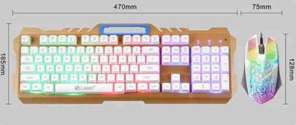 Gaming keyboard and mouse set with dimensions displayed