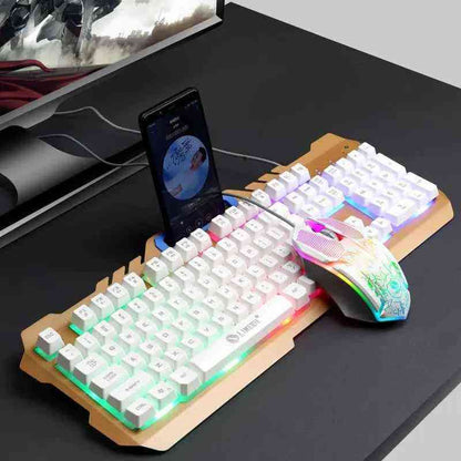 Gaming keyboard and mouse set on a desk with smartphone