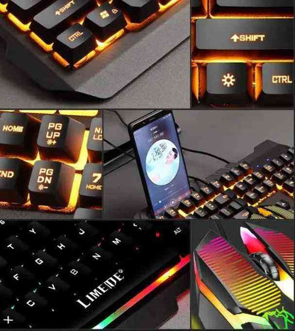Collage of a gaming keyboard with illuminated keys and a mouse, featuring the Limeade brand.