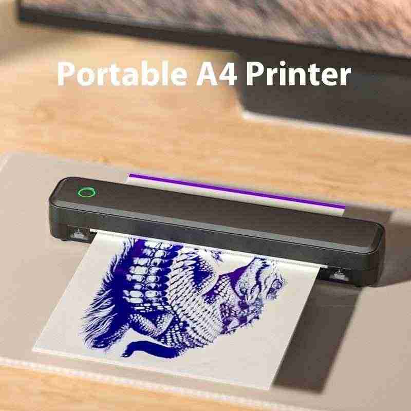 Portable A4 printer printing a blue and white design on a piece of paper.