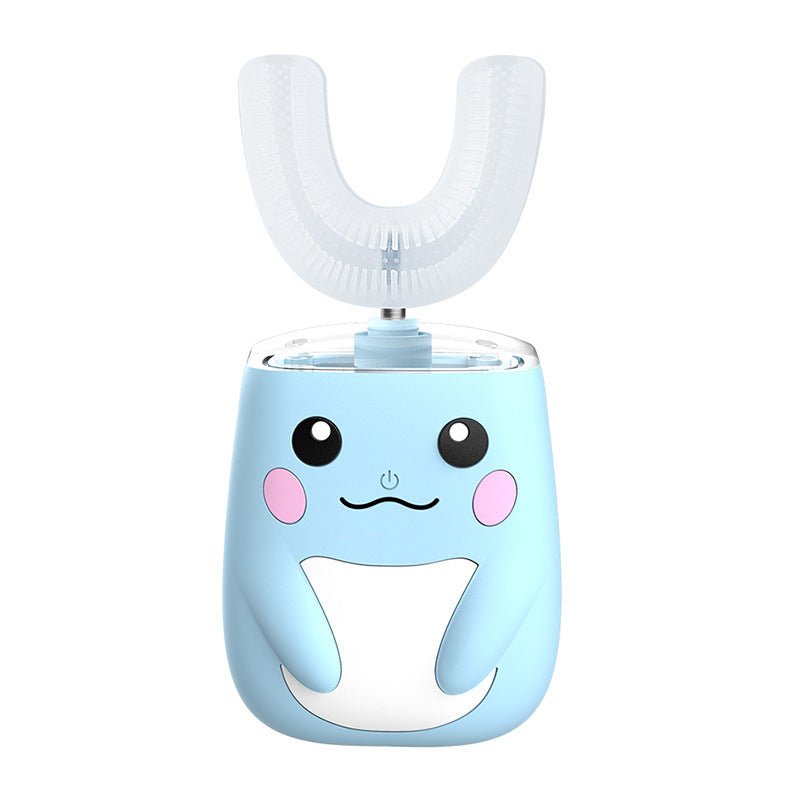 Cute shark-shaped toothbrush with a smiling face on a white background