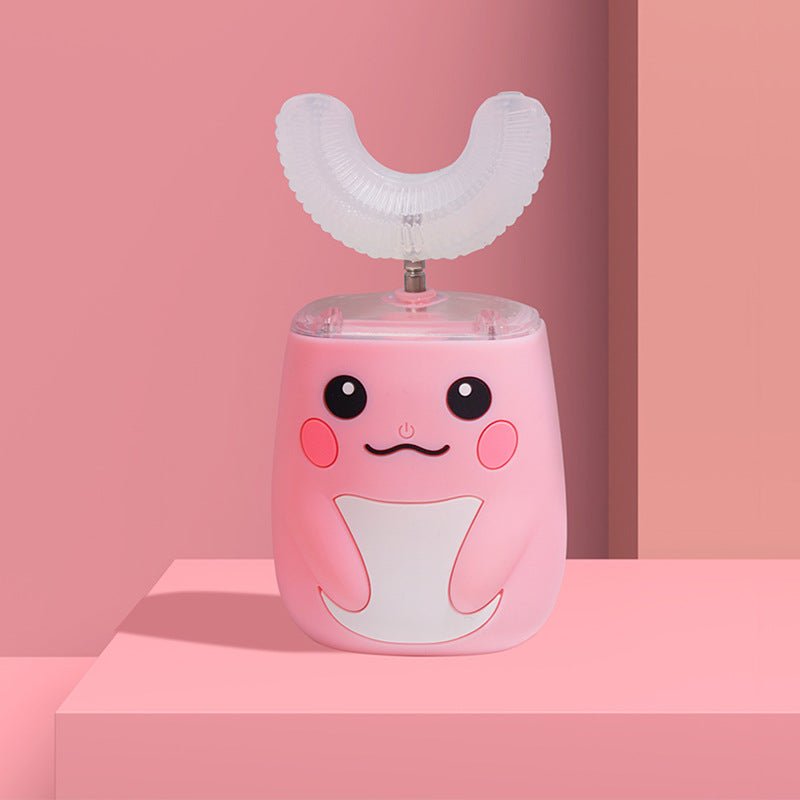 Pink cartoon-like device with a white brush head on a pink background