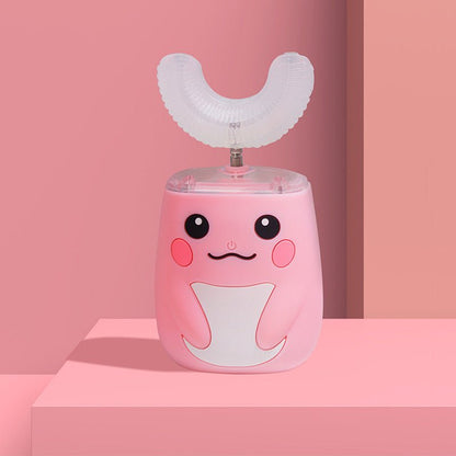 Pink cartoon-like device with a white brush head on a pink background