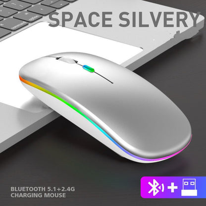 Silver wireless mouse with colorful LED lights on a keyboard, labeled 'Space Silvery'.