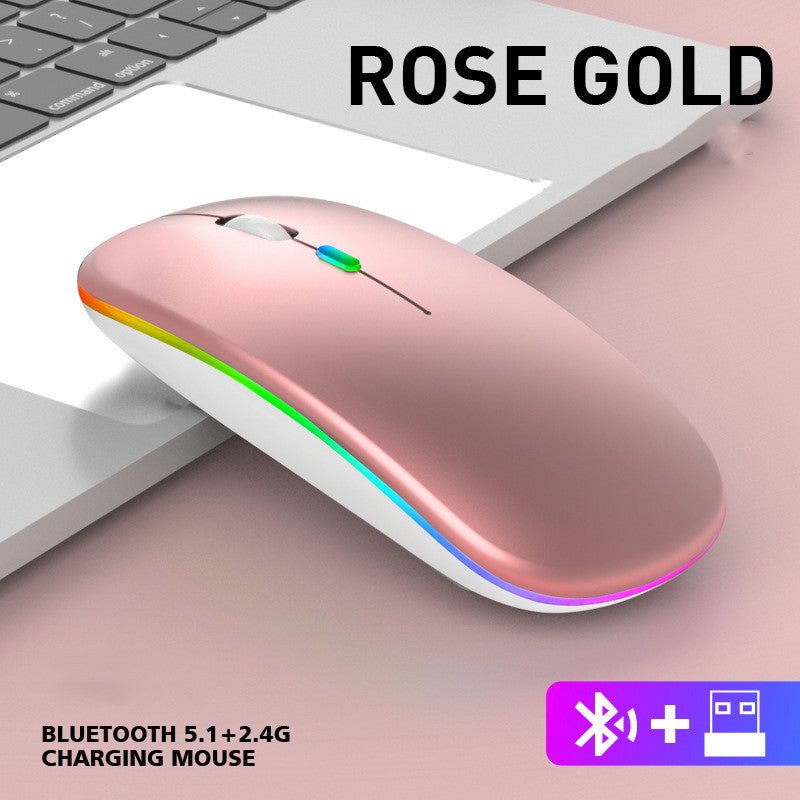 Rose gold wireless mouse on a desk with keyboard, labeled 'Rose Gold' and 'Bluetooth 5.1 + 2.4G Charging Mouse'.